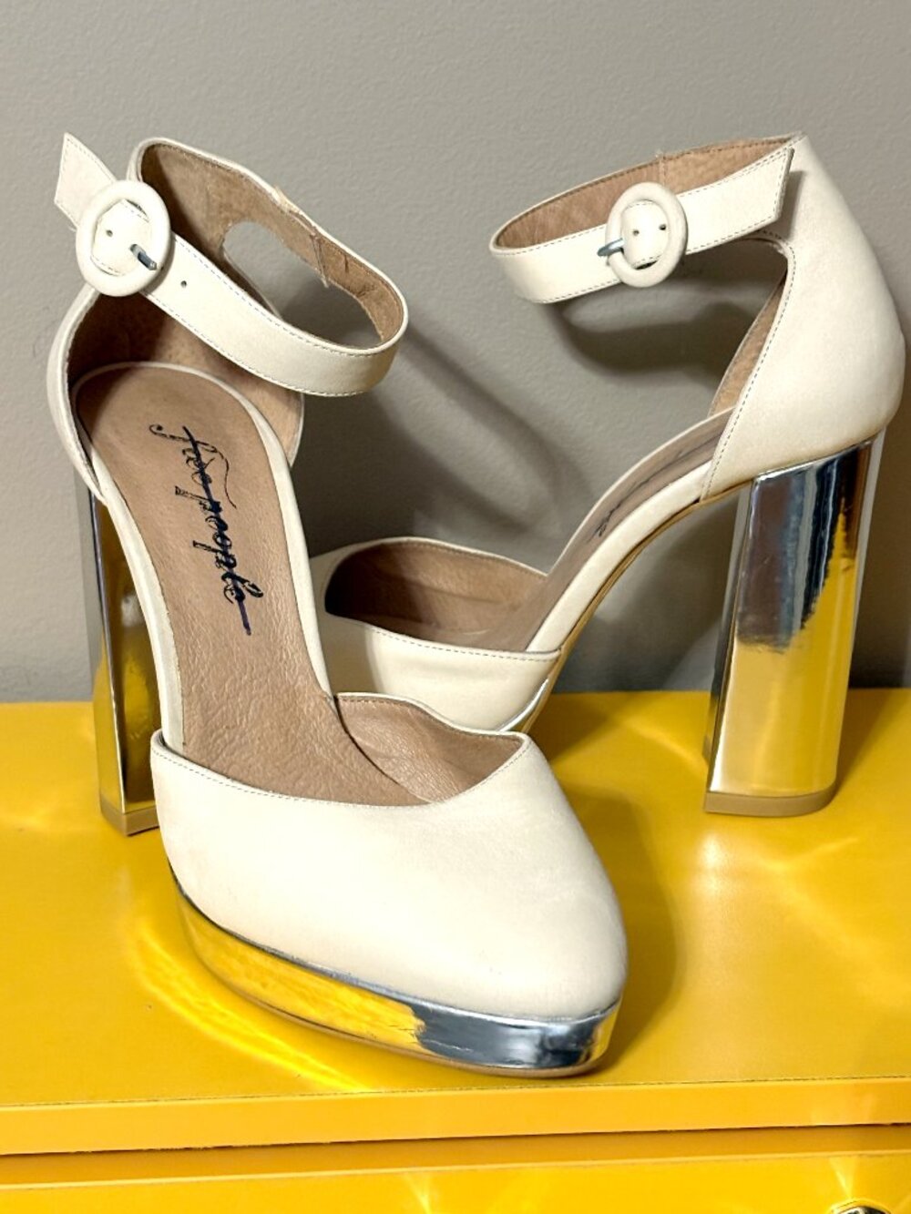 Free People Classy Cream With Silver Metallic Platform Heel Shoes